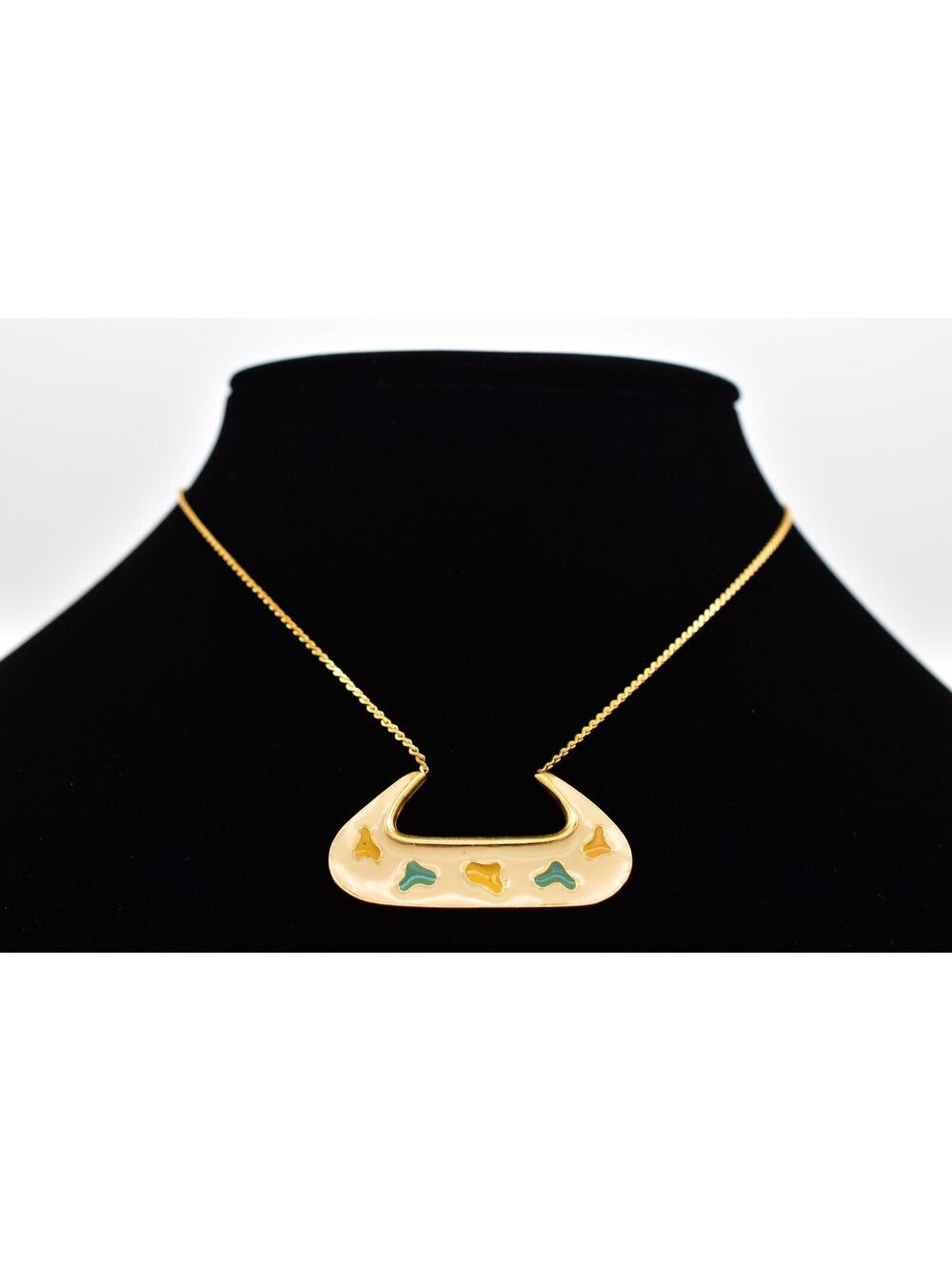 Art Vintage Collar Necklace Blue Yellow Enamel Gold Chain Signed 1960s BinBH